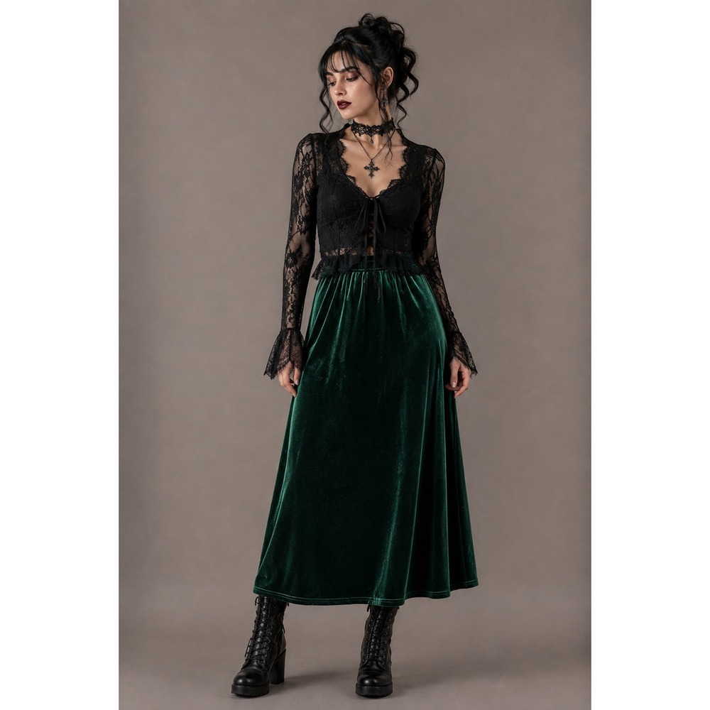 Green Velvet Midi Skirt Whimsigoth Fairy Grunge Witchy Small Made In USA